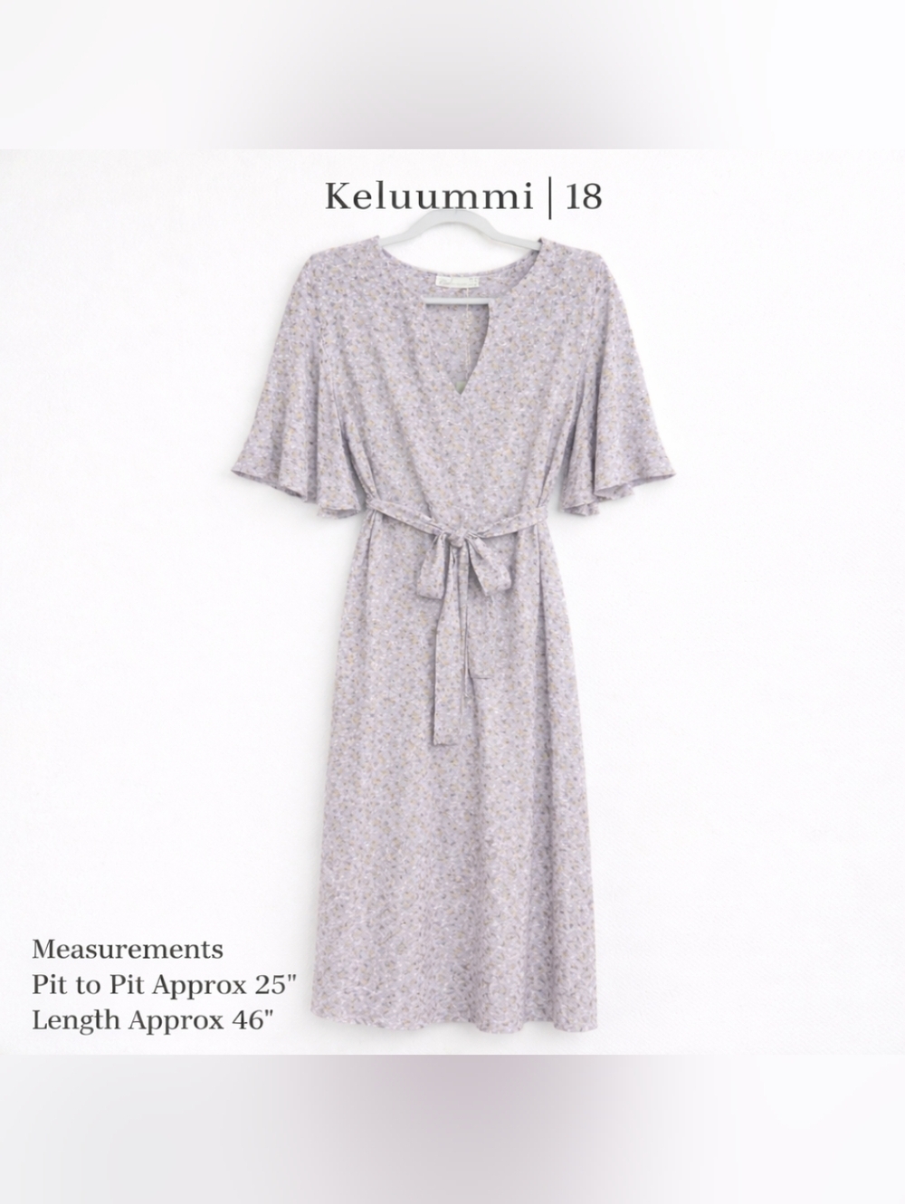 Keluummi Floral Wrap Dress Size 18 Lavender Midi Flutter Sleeve Tie Waist Boho